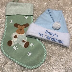 BABY’S 1st CHRISTMAS HAT AND MOOSE STOCKING LOT.